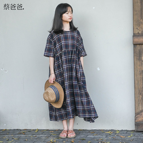 蓝色宽松夏装文艺女童格子连衣裙