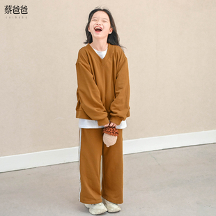 蔡爸爸大童装时尚卫衣秋冬装学生男女全棉棕色宽松休闲套装1166
