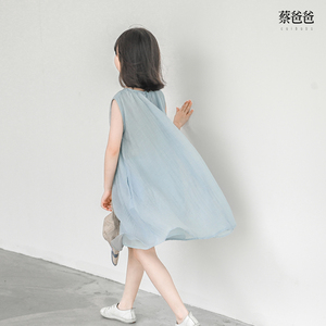 蔡爸爸童装2024夏装小个子女装裙子女童天丝锦无袖蓝色连衣裙037