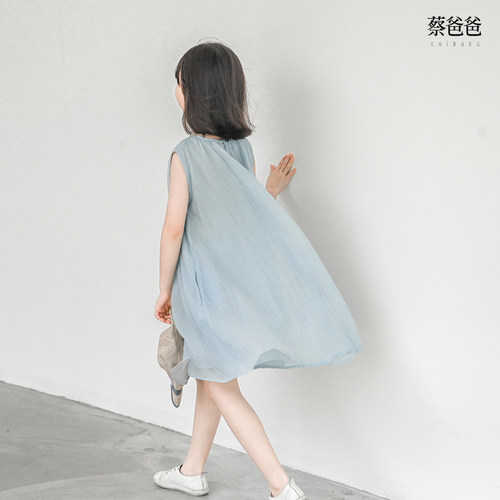 女连衣裙夏天丝锦无袖蓝色连衣裙