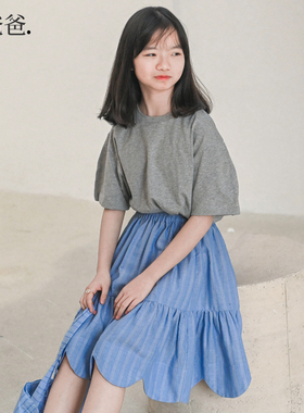 蔡爸爸原创童装蓝色文艺半身裙夏装女大童花苞A字裙子653+682+598