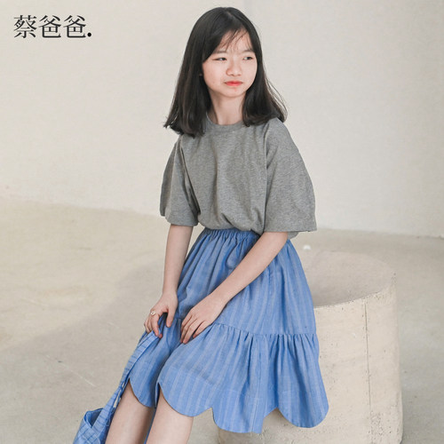 蓝色文艺半身裙夏装女童A字裙子