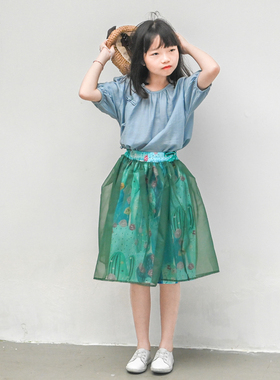 蔡爸爸童装2026夏装中国风衣服女童蓝色文艺中式上衣少女衬衫731