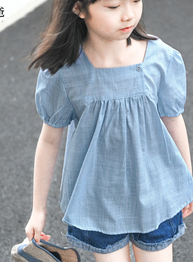 蔡爸爸童装女时髦日系上衣浅蓝条纹宽松上衣短袖夏装轻薄627+867