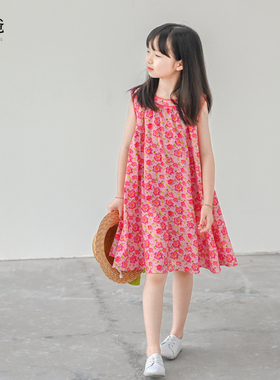 蔡爸爸童装女大童全棉背心裙2026款时尚夏装红色碎花连衣裙子708