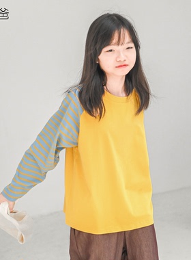 蔡爸爸童装新款百搭秋装男女大童上衣黄色拼色长袖圆领t恤899+938