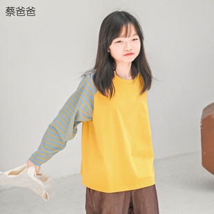 圆领t恤899 蔡爸爸童装 男女大童上衣黄色拼色长袖 百搭春装 938 新款