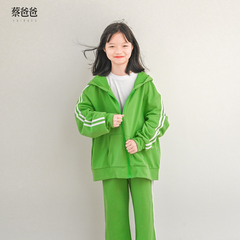 春秋绿色拉链毛圈卫衣卫裤套装