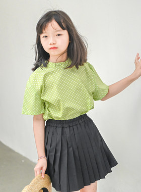 夏装女童少女绿色圆点短袖上衣