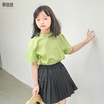 夏装女童少女绿色圆点短袖上衣