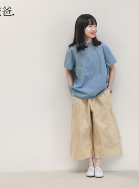 蔡爸爸童装国风短袖上衣服新款夏装文艺女孩大童蓝色条纹589+628