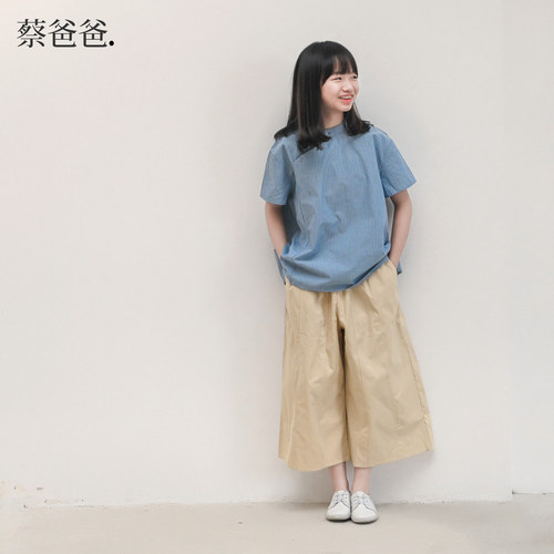 夏装女童蓝色条纹国风短袖上衣服