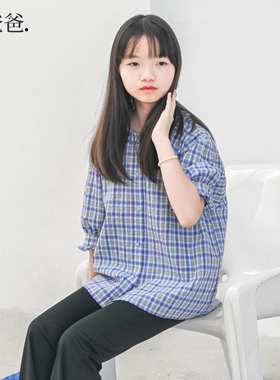 蔡爸爸童装全棉蓝色格子上衣夏装女中大童独特超好看衬衫857+933