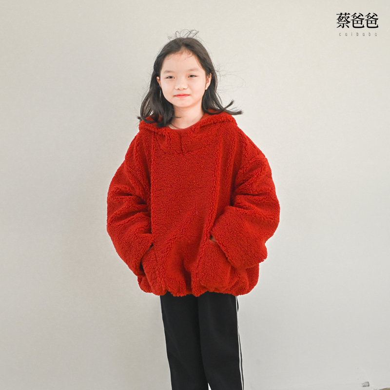 蔡爸爸童装红色卫衣带帽外套男女学生喜庆新年加厚冬装1136+1306