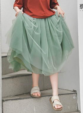 蔡爸爸童装度假裙子绿色纱裙蓬松大裙摆仙女半身裙子夏装021+619
