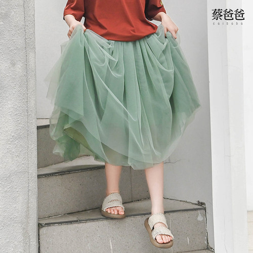 绿色纱裙蓬松大裙摆仙女半身裙夏