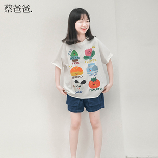 蔡爸爸原创童装纯棉短袖t恤新品夏季大童女孩卡通白色上衣880+717