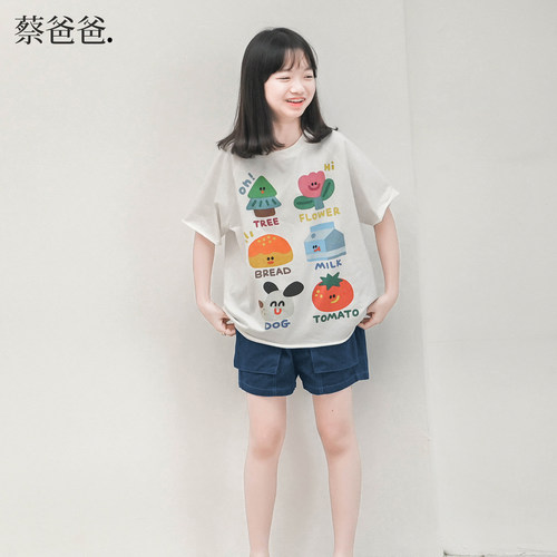 夏季大童女孩卡通白色上衣