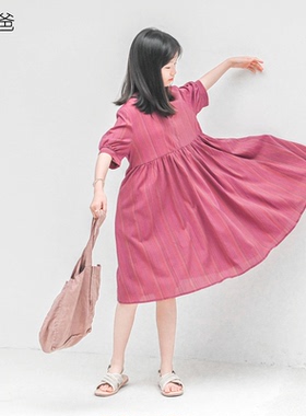 蔡爸爸童装2026新款文艺条纹连衣裙夏装中大童独特女童裙薄款553