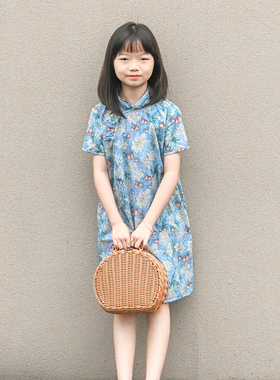 蔡爸爸童装2026新款夏装时尚连衣裙小个子女装碎花中式旗袍裙082