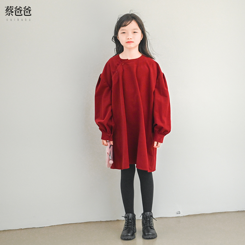 女连衣裙春秋红色圆领连衣裙