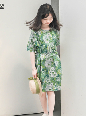 蔡爸爸原创童装小清新夏装碎花裙子 女大童少女全棉绿色连衣裙611