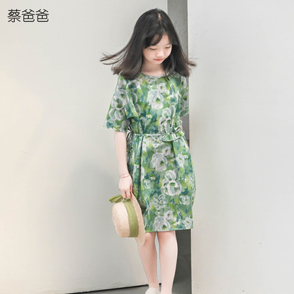 蔡爸爸原创童装小清新夏装碎花裙子 女大童少女全棉绿色连衣裙611