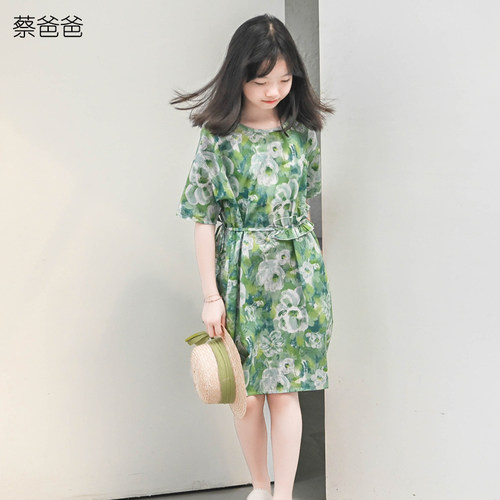 蔡爸爸夏装碎花裙全棉绿色连衣裙