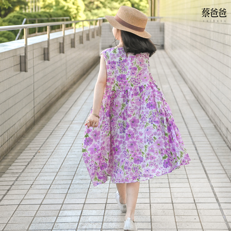 蔡爸爸童装女童夏装新款时尚大童纯苎麻印花背心裙紫色大裙子616