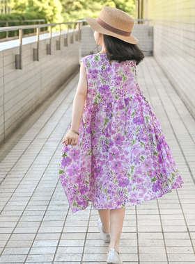 蔡爸爸童装女童夏装新款时尚大童纯苎麻印花背心裙紫色大裙子616