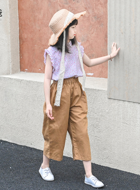 蔡爸爸女大童装新款夏装时尚粉红上衣 花边领碎花背心688+236+867