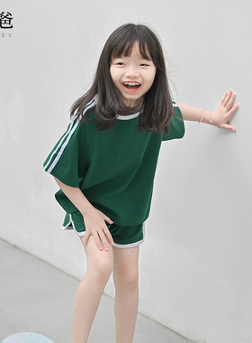 蔡爸爸童装 2026新款夏装儿童绿色短袖套装 男女童休闲2件服装726