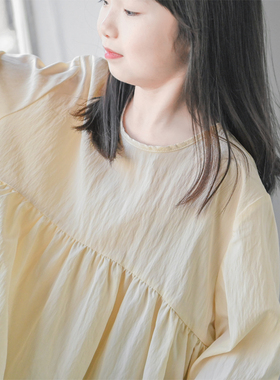 蔡爸爸童装26新款春款女大童圆领宽松长袖米白色文艺上衣1328+125