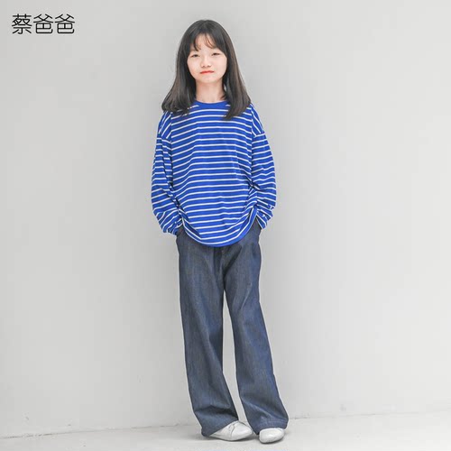 秋装牛仔裤少女深蓝色花边腰长裤