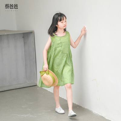 女连衣裙夏绿色苎麻无袖连衣裙