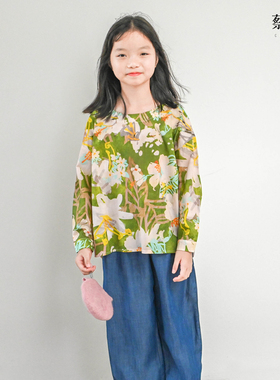 蔡爸爸童装绿色文艺碎花衣服2025新款春秋装女童长袖上衣186+125