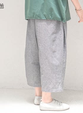 春装男女童蓝色条纹七分裤休闲裤