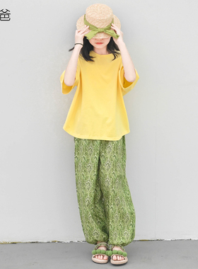 蔡爸爸童装新款 夏装清新长裤时尚女童青少年黄色T恤短袖585+510