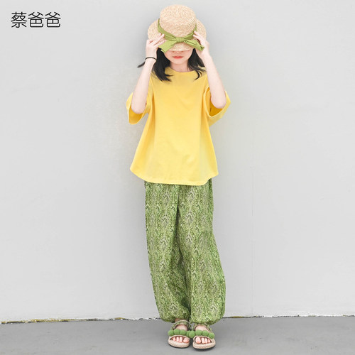 夏装清新长裤女童黄色T恤短袖