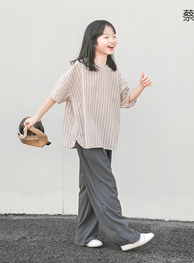 蔡爸爸童装新款文艺长裤夏装女中童少女灰色休闲阔腿裤子156+177