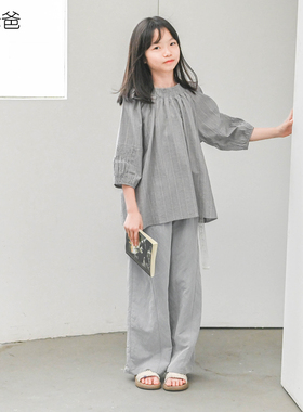 蔡爸爸童装女童中袖灰色条纹衣服春秋装文艺全棉上衣289+269+982