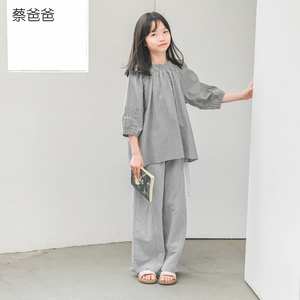 女童中袖灰色条纹春秋装全棉上衣