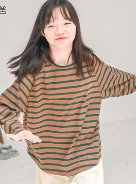蔡爸爸童装百搭长袖T恤打底衫2026春秋装大童女黄绿色条纹上衣877