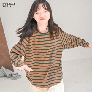 春秋装 蔡爸爸女童装 百搭长袖 T恤打底衫 670 大童黄绿色条纹上衣877