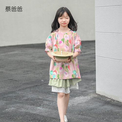 圆领短袖碎花上衣女大童衣服夏装