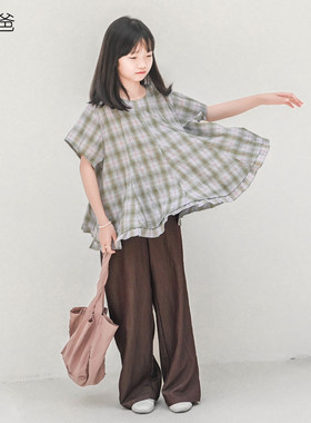 女童阔口裤夏季半松紧腰棕色长裤