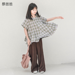 蔡爸爸童装气质女大童阔口裤新款夏季半松紧腰棕色长裤子270+938