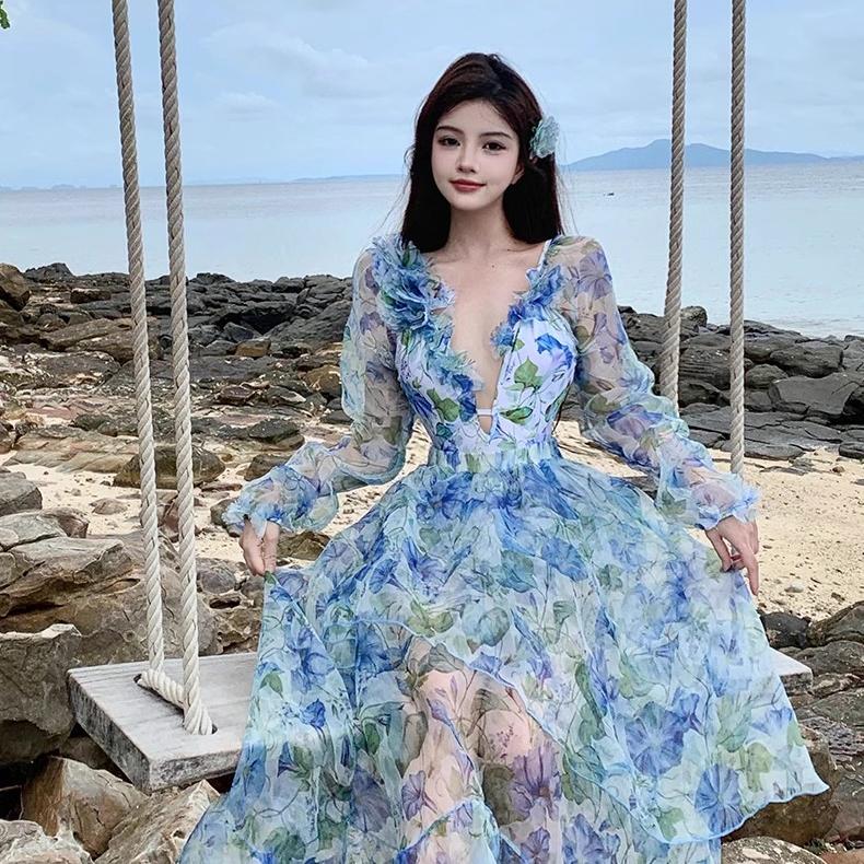 出口高级大V游泳衣度假装长裙