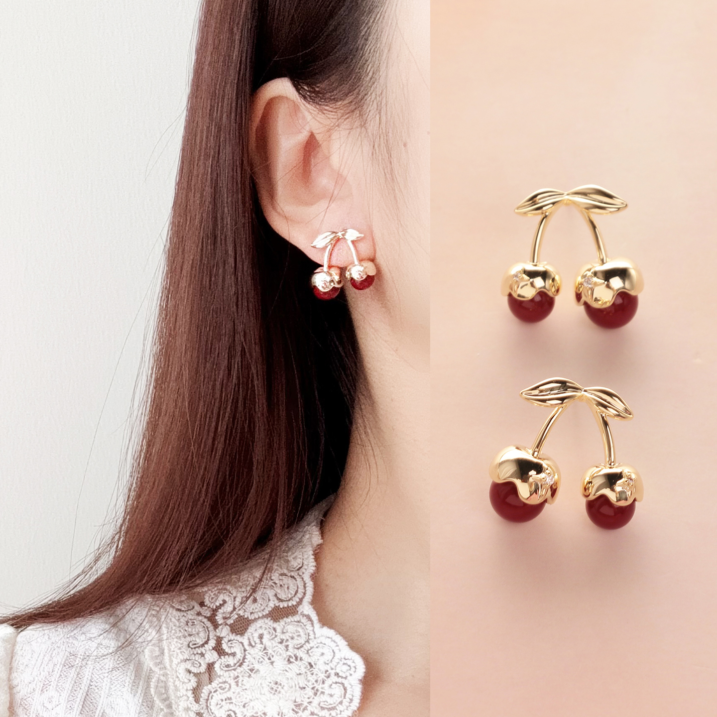 3对包邮s925银针 精致车厘子樱桃耳钉清新韩版新年圣诞大红色耳环