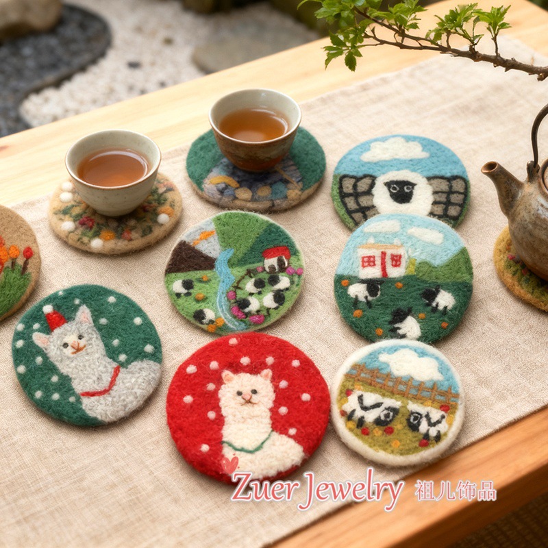 尼泊尔手工羊毛毡动物杯垫创意小羊山水风景画隔热垫装饰品拍照道